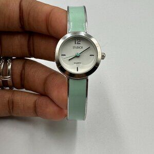 3/$30 Studio Time Watch Women Silver Tone Mint Green Bangle Band New Battery 7"